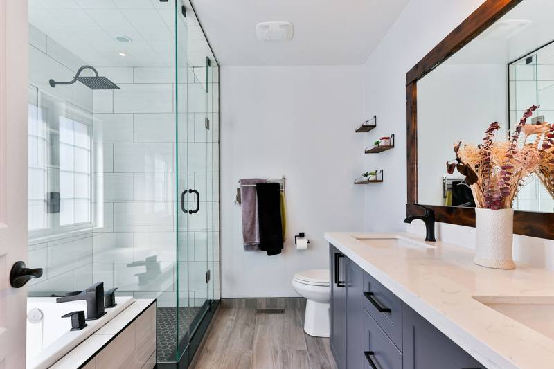 Bathroom vanity and shower